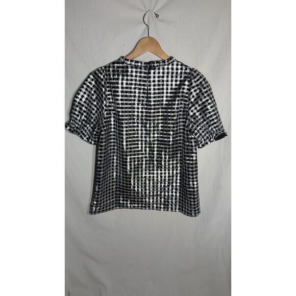 J Crew Womens Metallic Shiny Gingham Puff Sleeve Top Sz XS Ruffle NWT Futuristic - Picture 4 of 7
